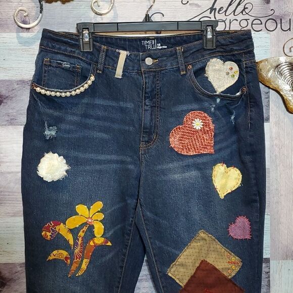 Upcycled Rust Gold Flowers Ruffle Beaded Lace Frayed BoHo Crop Jeans Sz 16 - Picture 4 of 13